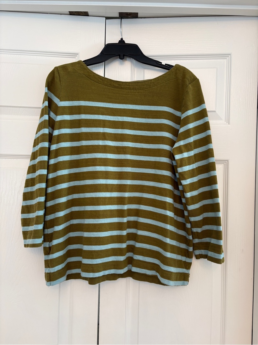 LOFT Olive Green and Light Blue Striped Long Sleeve Top